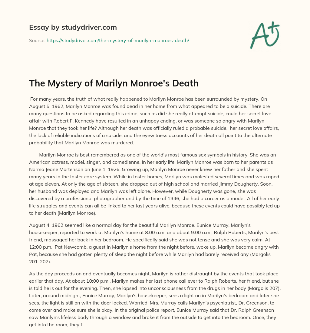 The Mystery of Marilyn Monroe’s Death essay