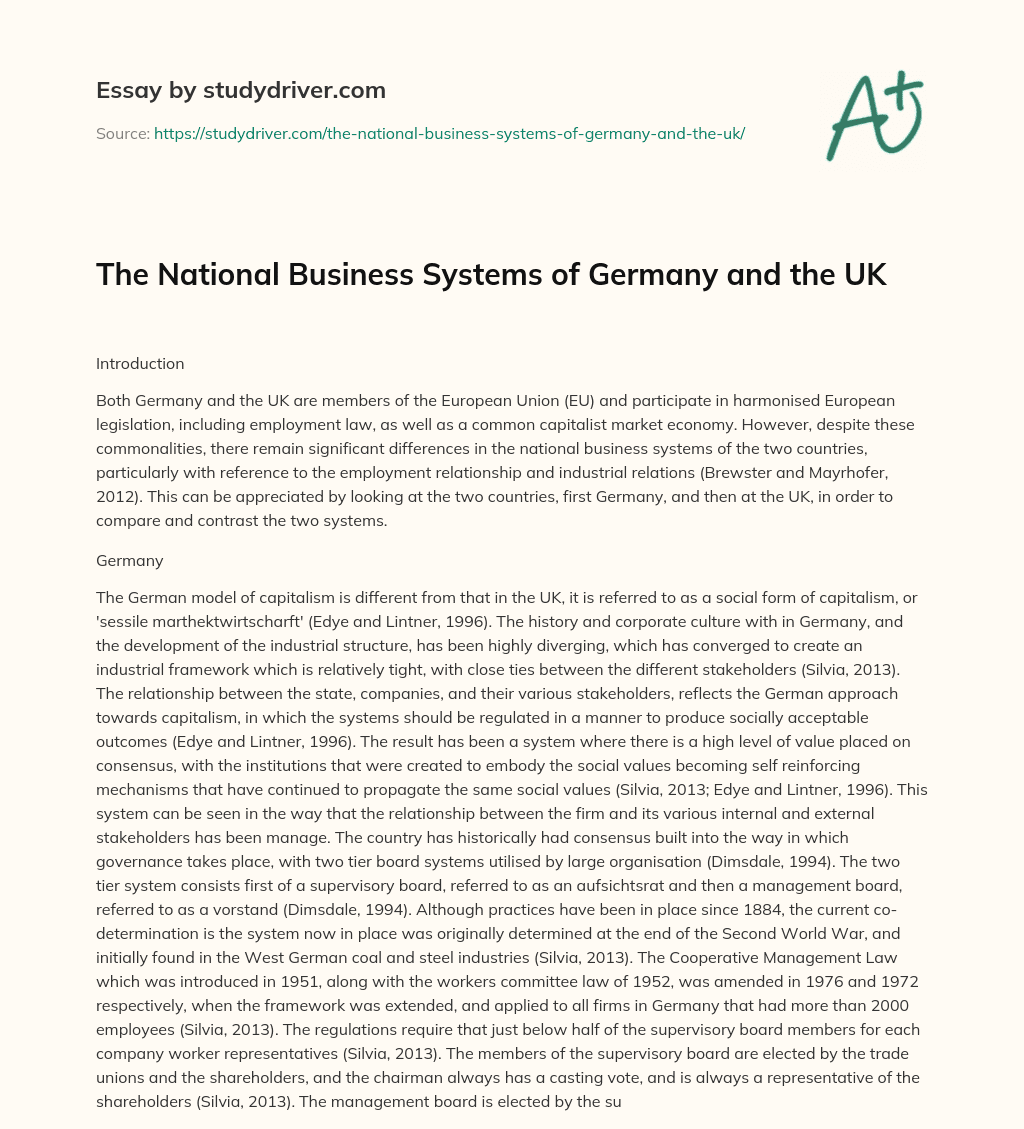 The National Business Systems of Germany and the UK essay
