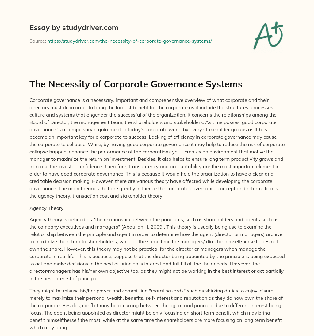 The Necessity of Corporate Governance Systems essay