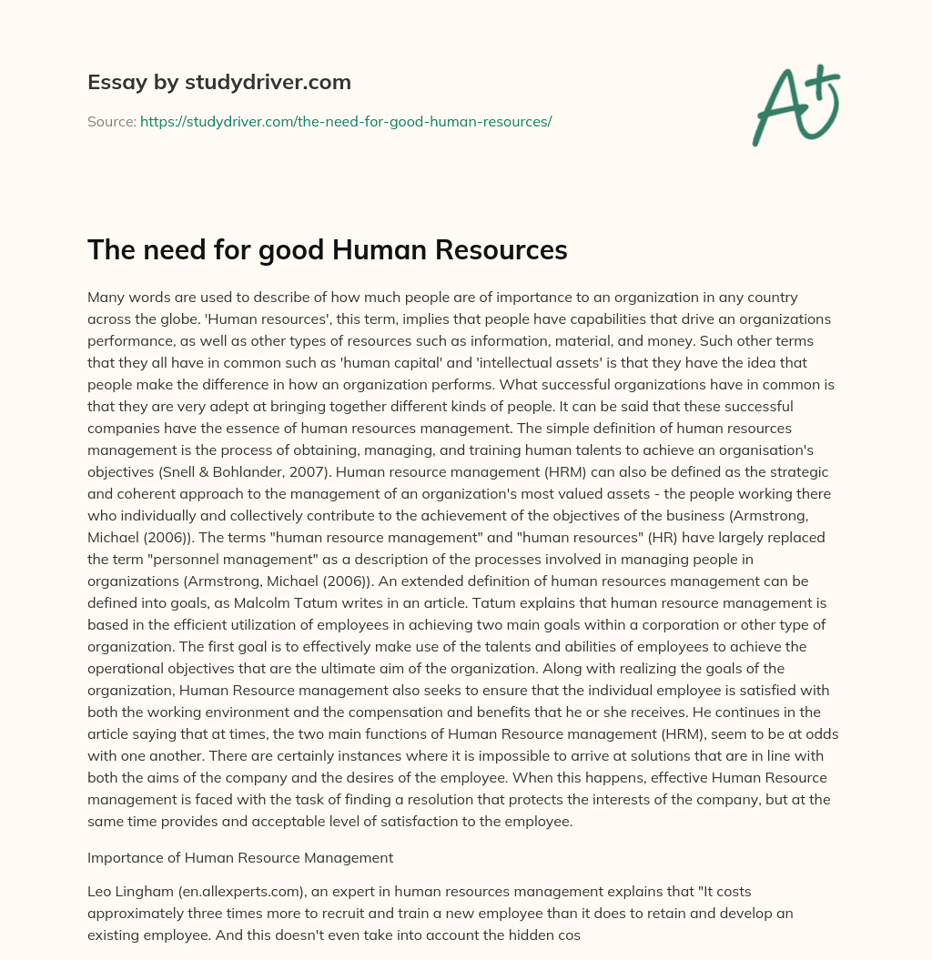 The Need for Good Human Resources essay