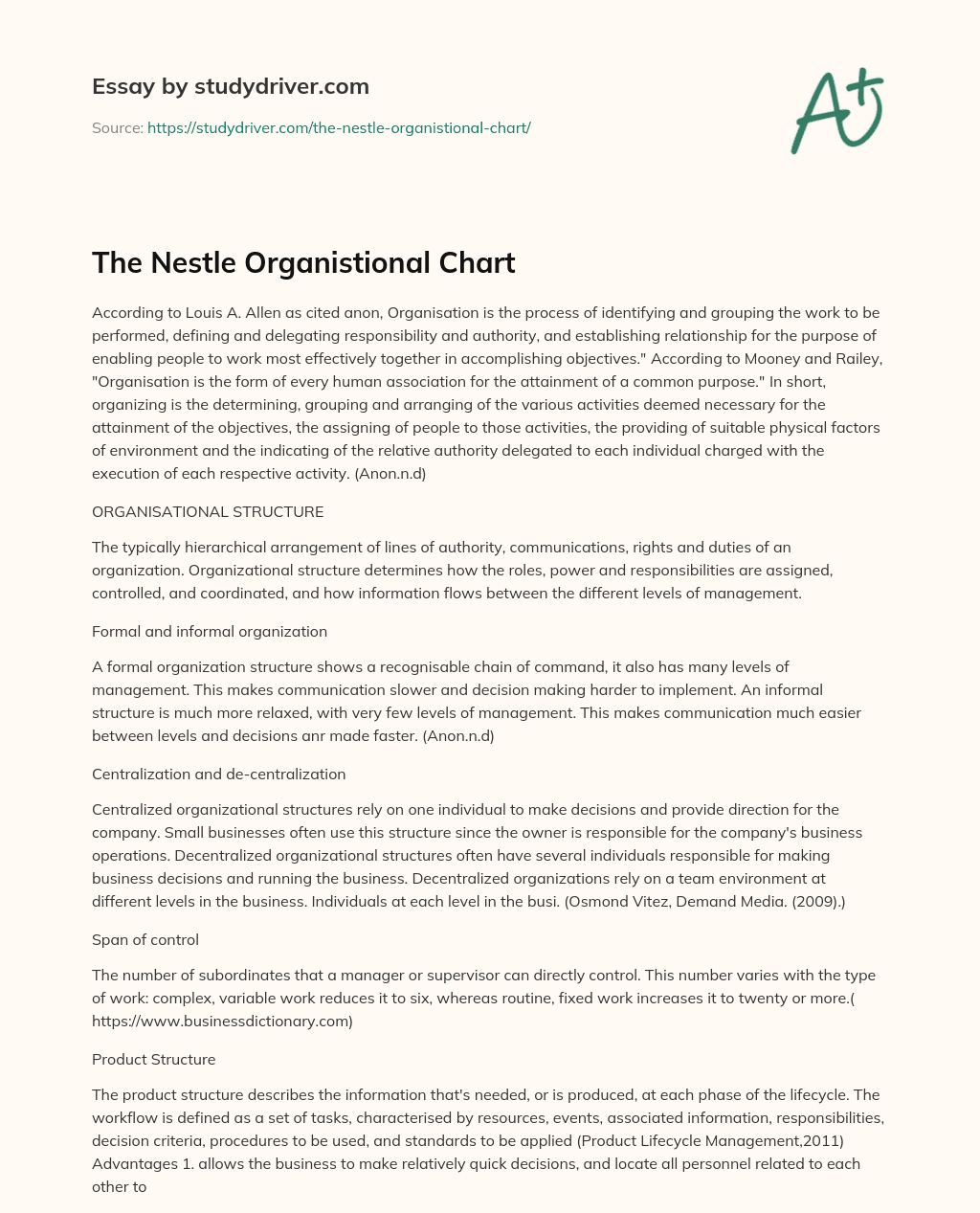 The Nestle Organistional Chart essay