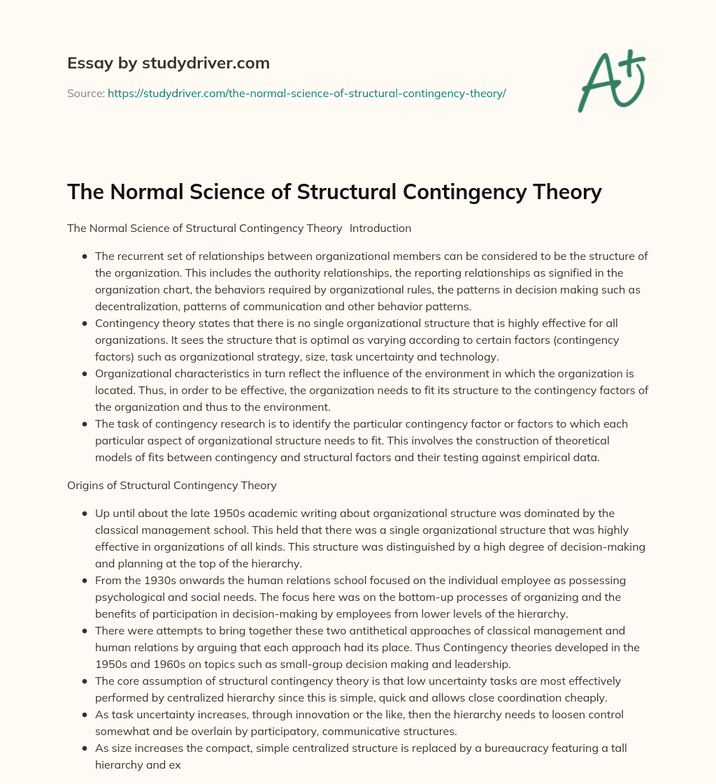 The Normal Science of Structural Contingency Theory essay