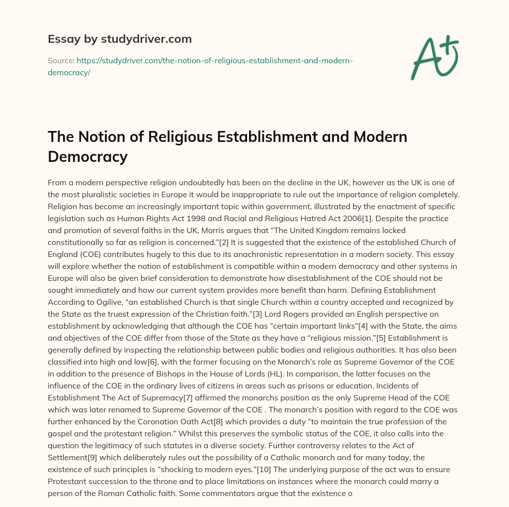 The Notion of Religious Establishment and Modern Democracy essay
