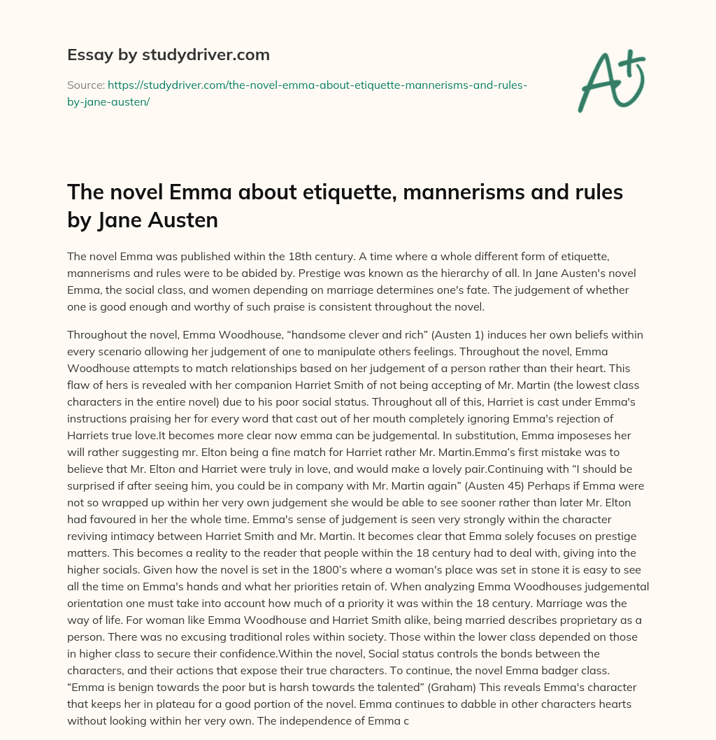 The Novel Emma about Etiquette, Mannerisms and Rules by Jane Austen essay