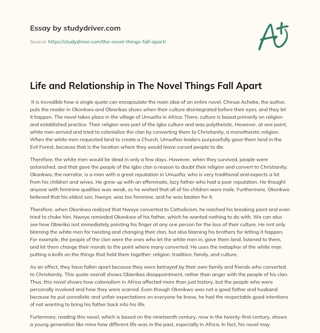 Life and Relationship in the Novel Things Fall Apart essay