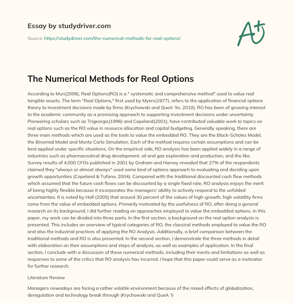 The Numerical Methods for Real Options essay