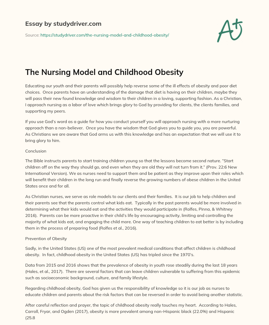 The Nursing Model and Childhood Obesity essay