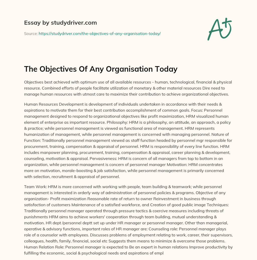 The Objectives of any Organisation Today essay