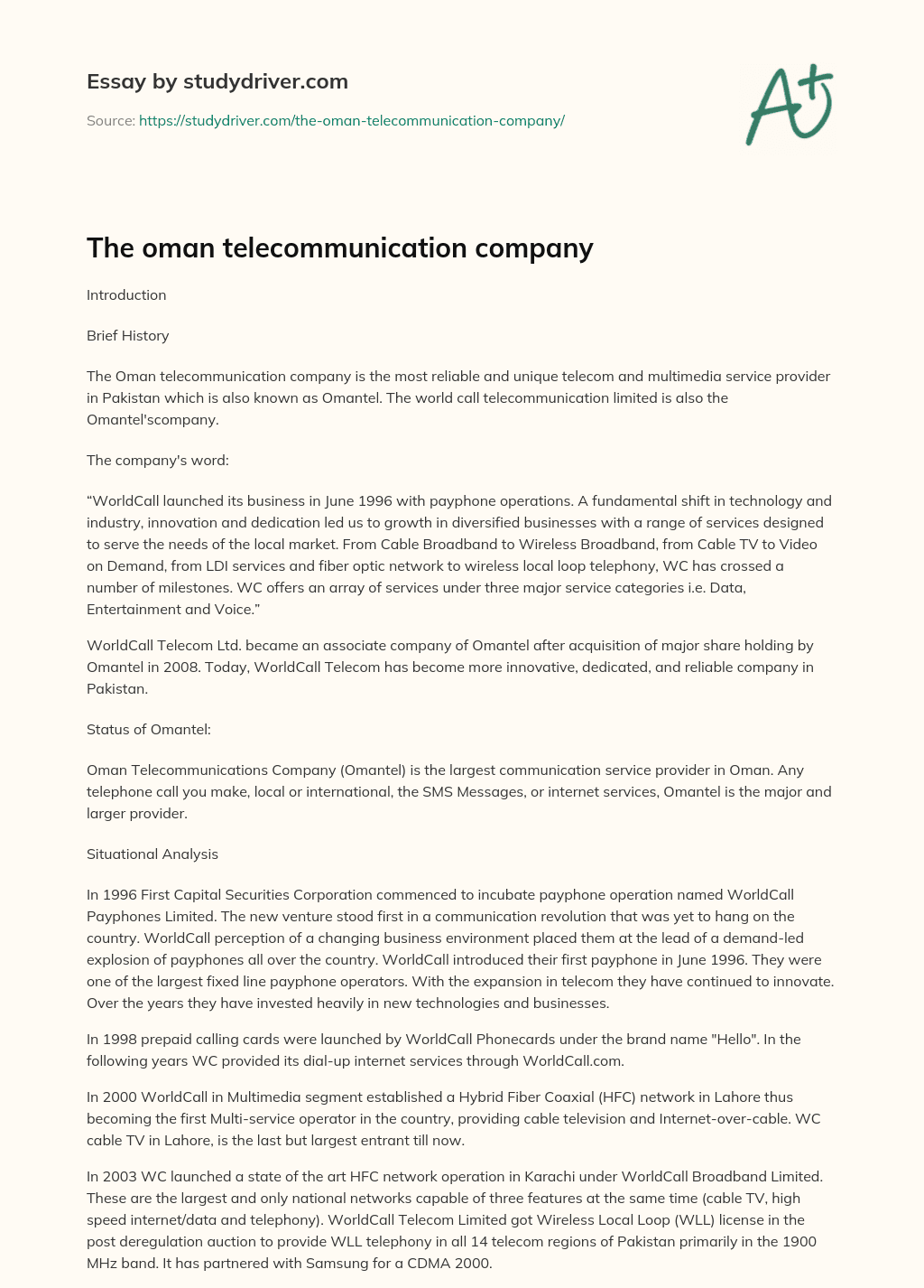 The Oman Telecommunication Company essay