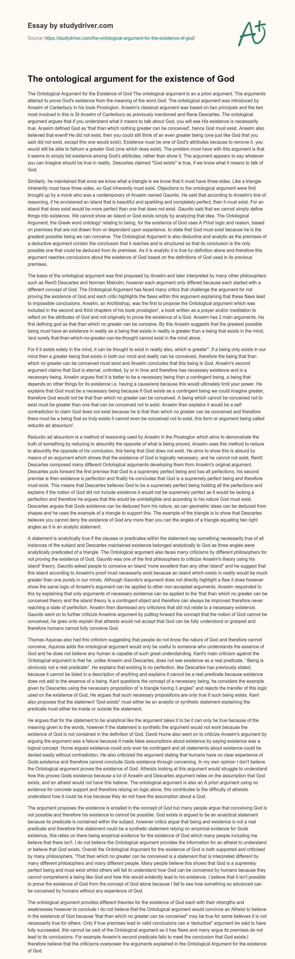 The Ontological Argument for the Existence of God essay