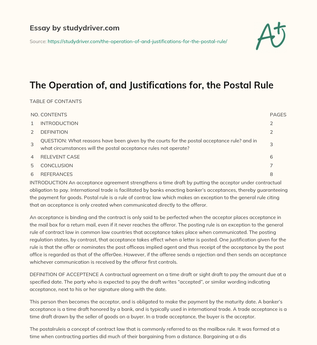 The Operation Of, and Justifications For, the Postal Rule essay