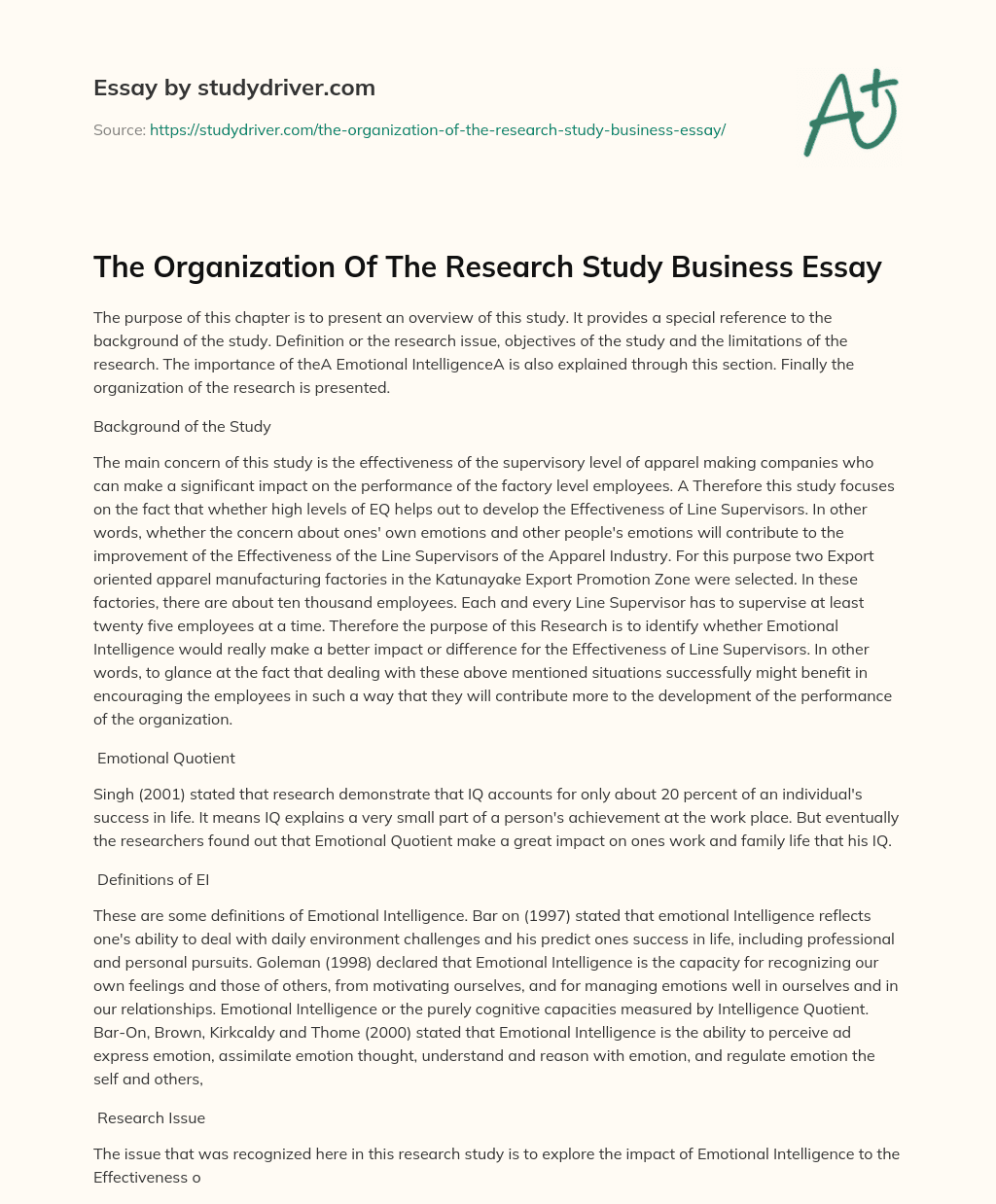 The Organization of the Research Study Business Essay essay