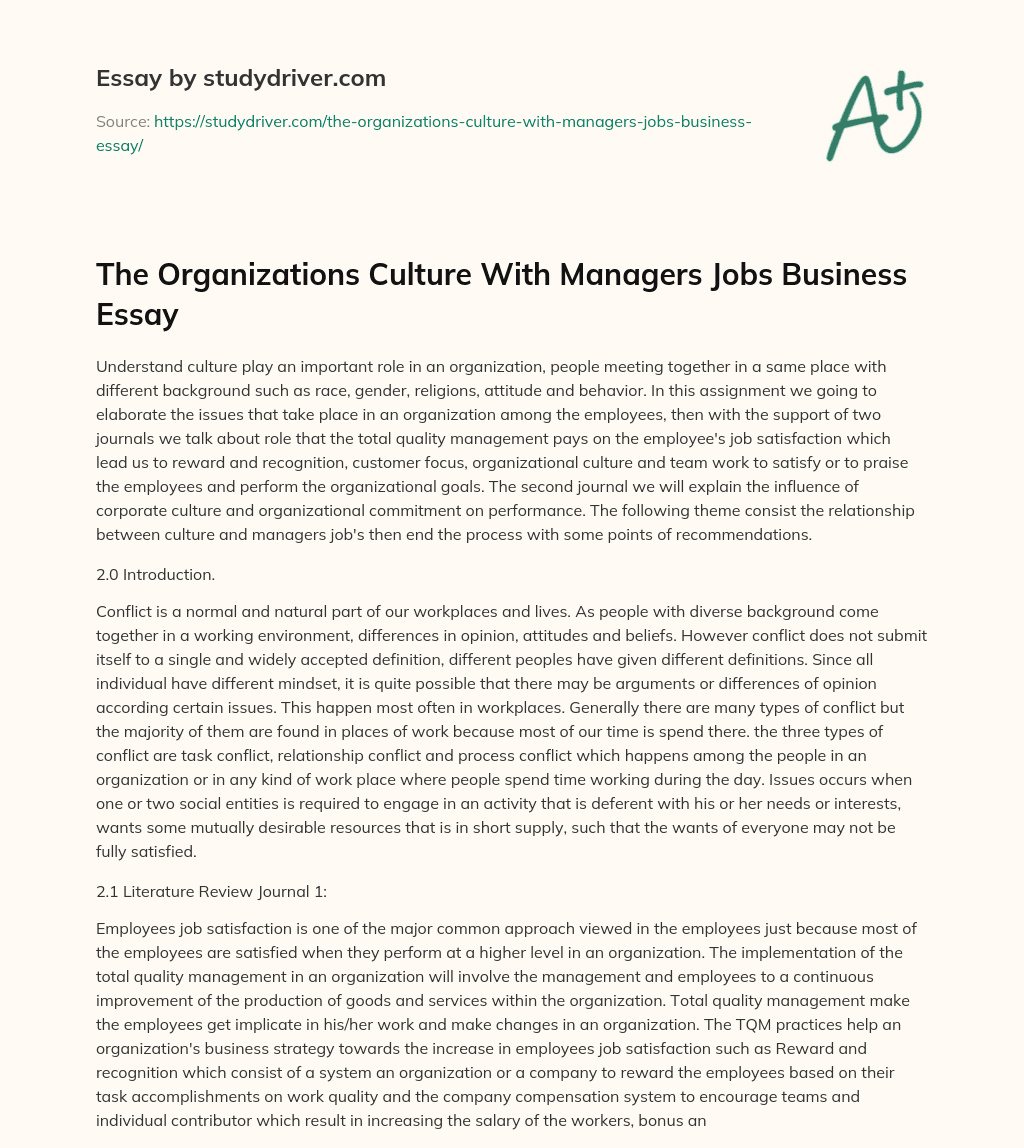 The Organizations Culture with Managers Jobs Business Essay essay