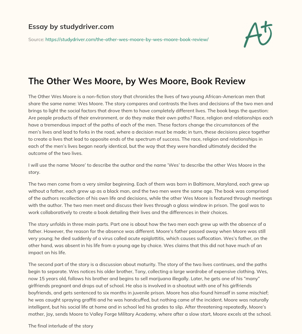 The other Wes Moore, by Wes Moore, Book Review essay