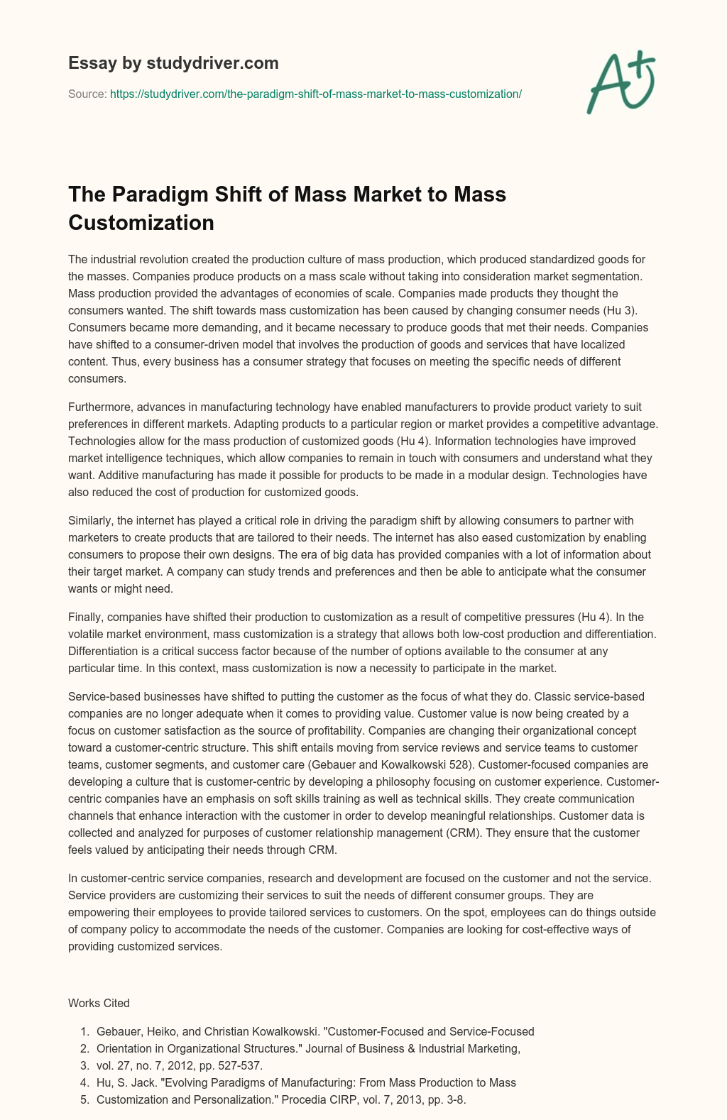 The Paradigm Shift of Mass Market to Mass Customization essay