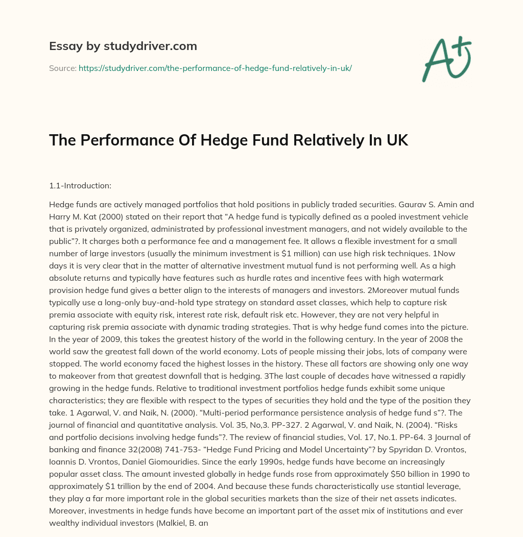 The Performance of Hedge Fund Relatively in UK essay