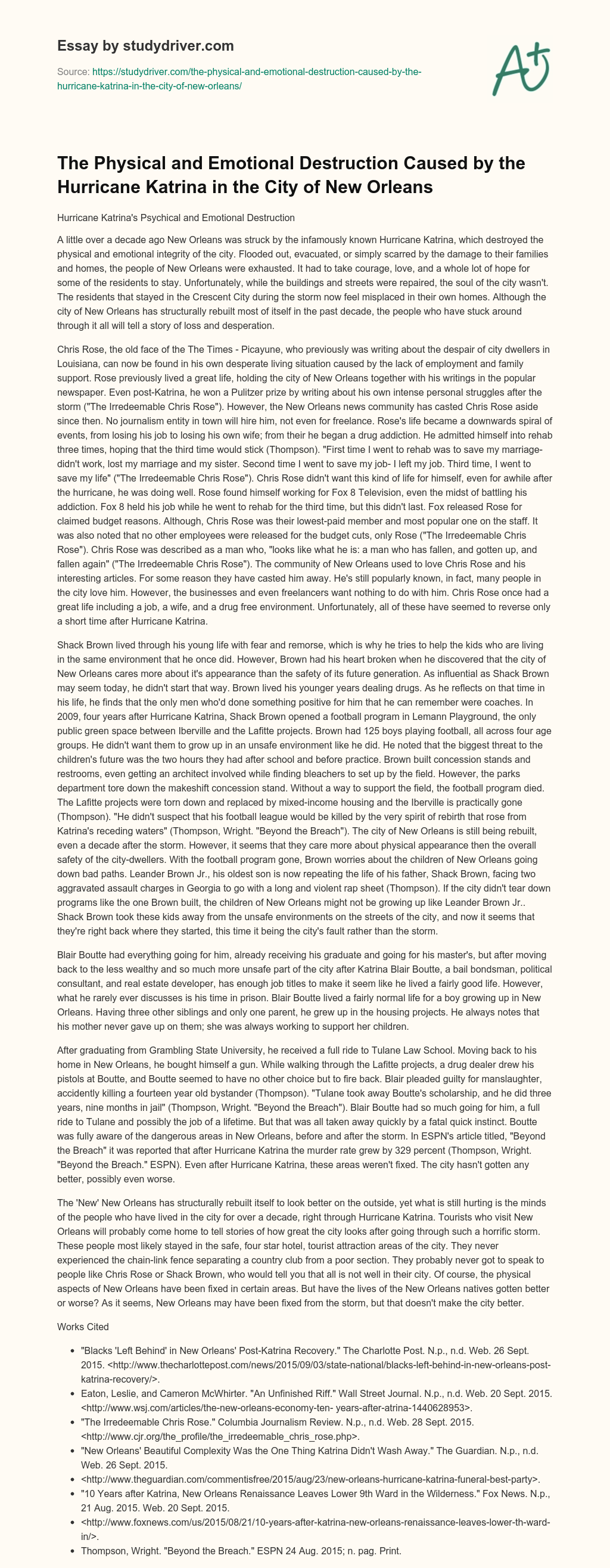The Physical and Emotional Destruction Caused by the Hurricane Katrina in the City of New Orleans essay
