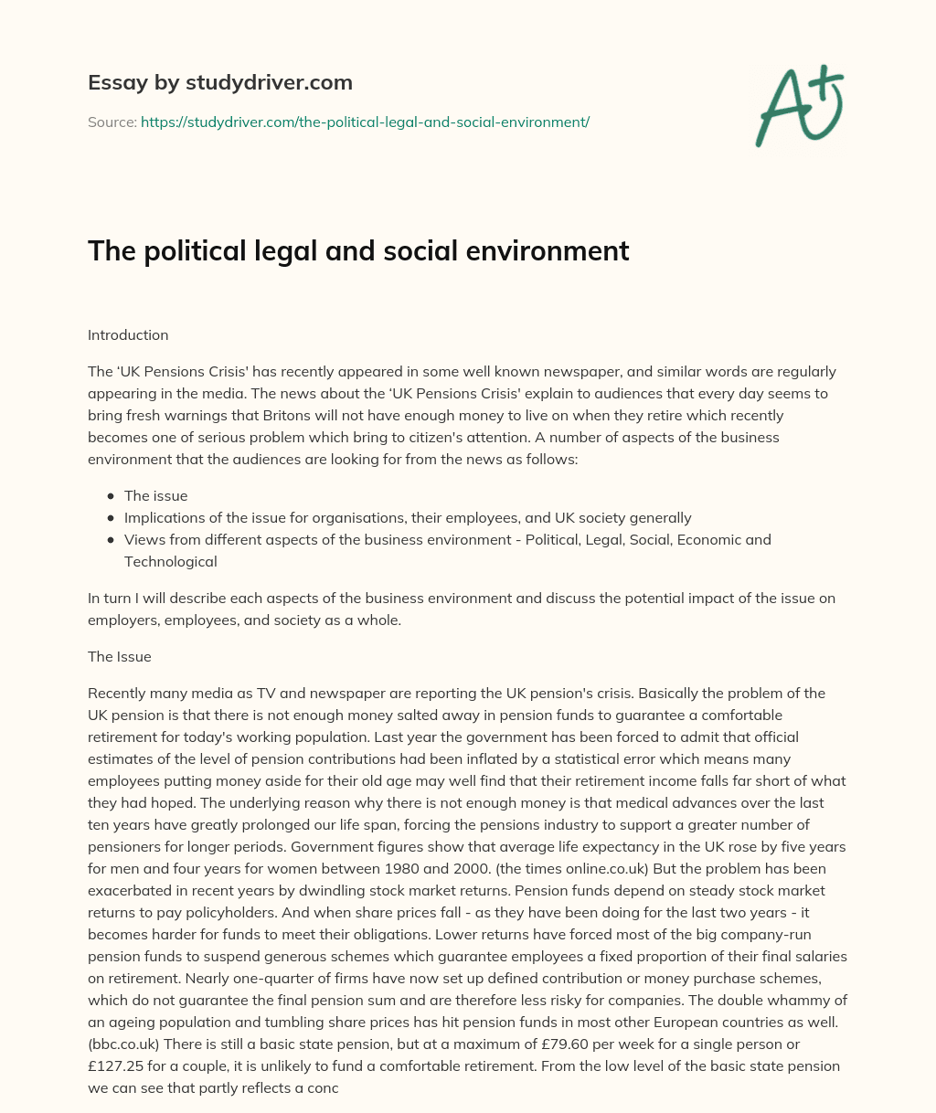 The Political Legal and Social Environment essay