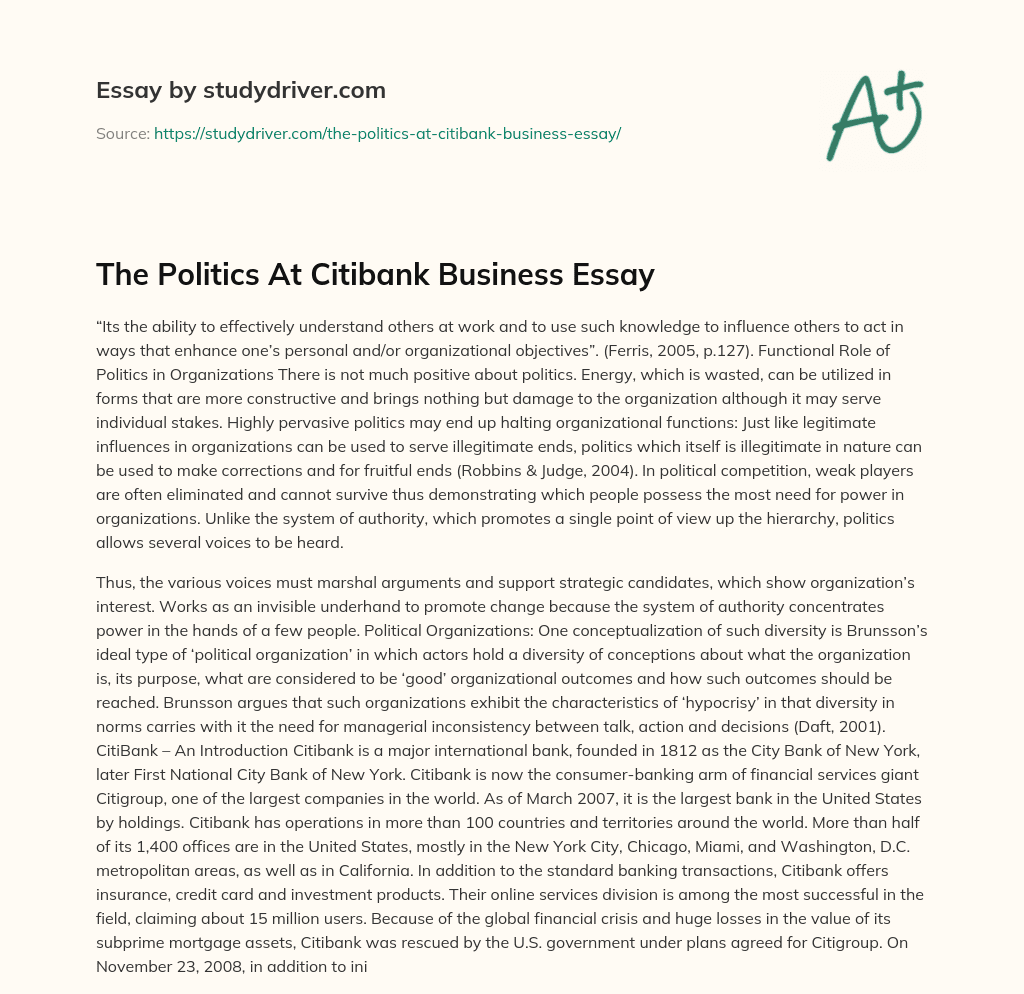 The Politics at Citibank Business Essay essay