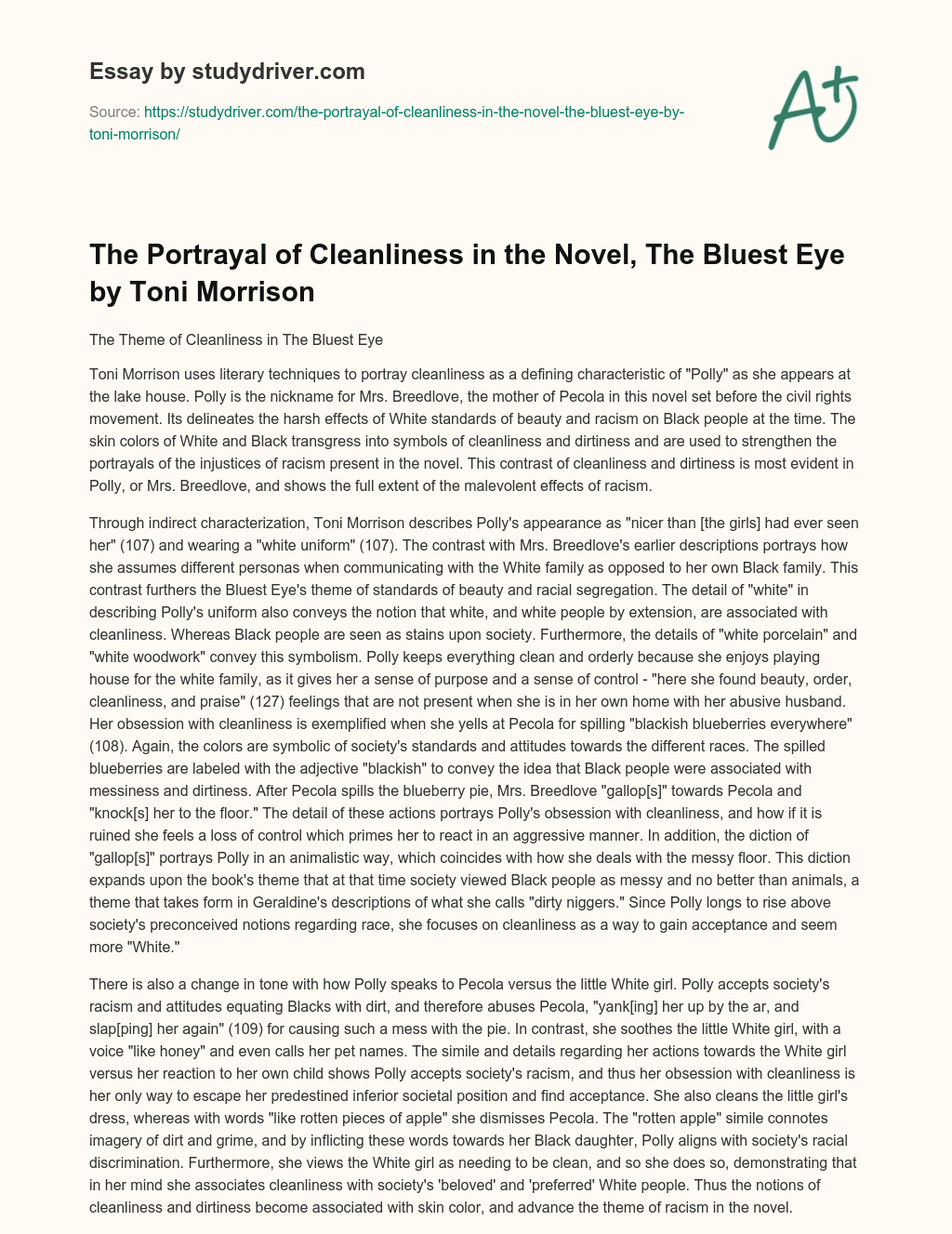 The Portrayal of Cleanliness in the Novel, the Bluest Eye by Toni Morrison essay