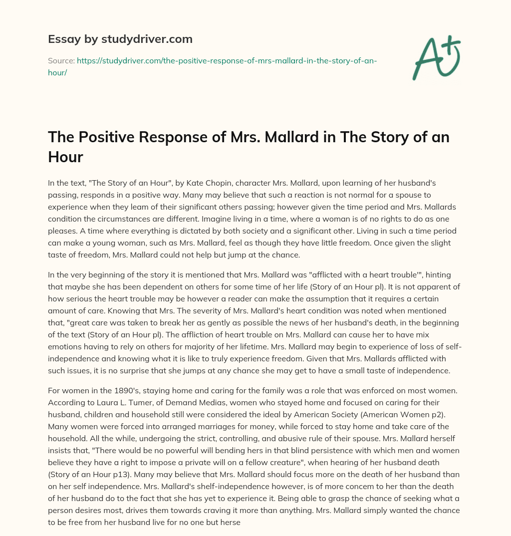 The Positive Response of Mrs. Mallard in the Story of an Hour essay