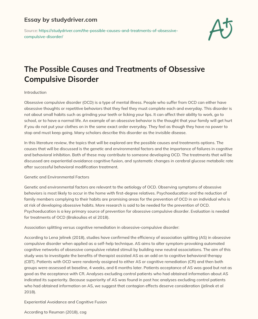 The Possible Causes and Treatments of Obsessive Compulsive Disorder essay