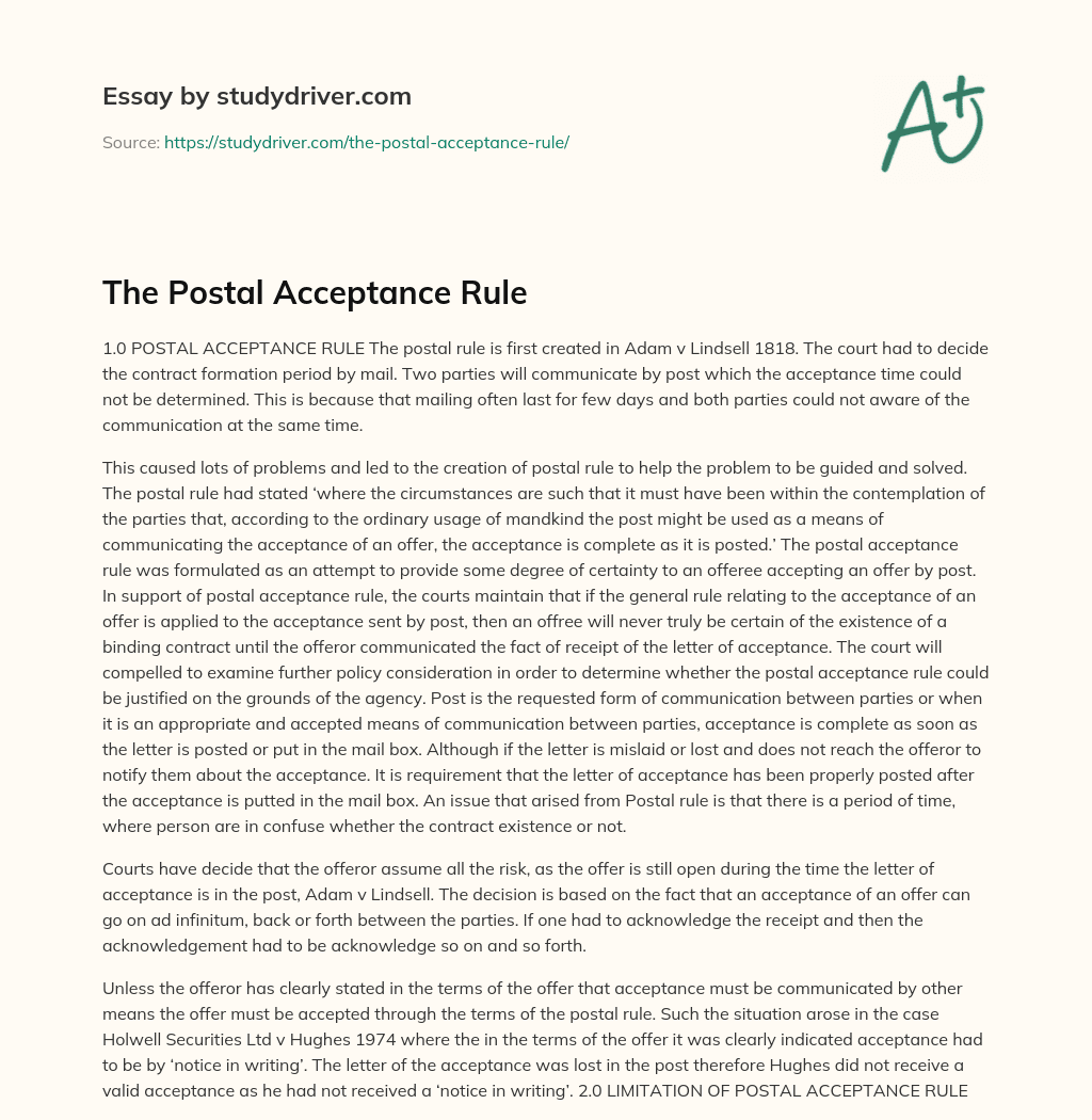 The Postal Acceptance Rule essay