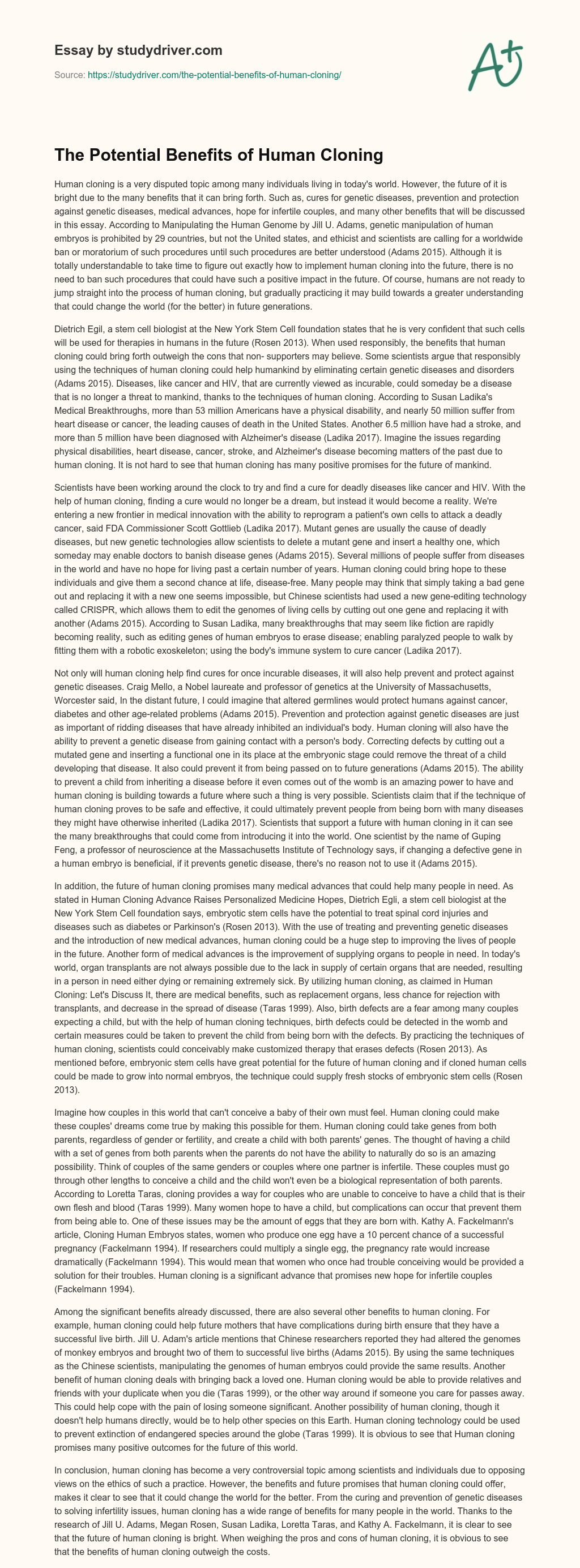 The Potential Benefits of Human Cloning essay