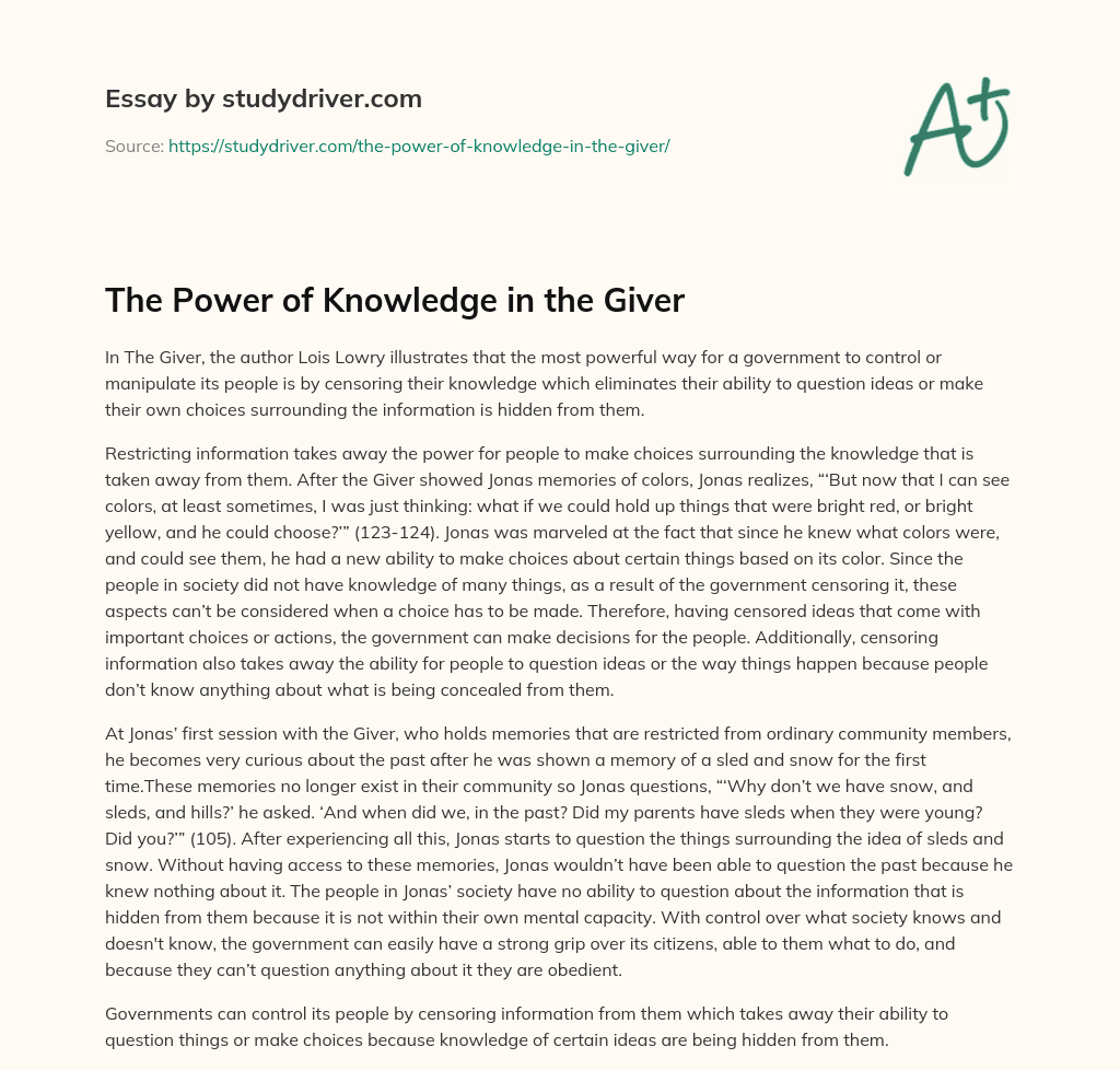 The Power of Knowledge in the Giver essay