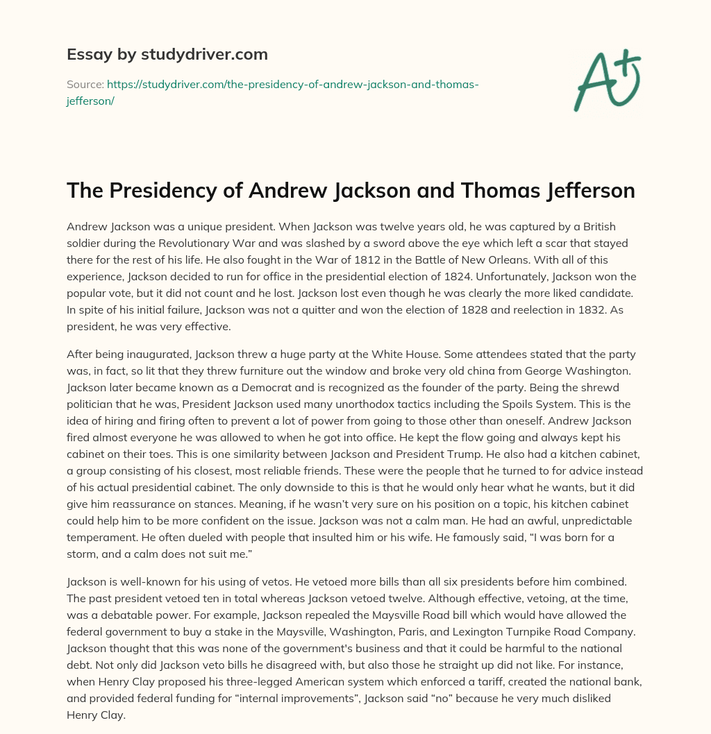 The Presidency of Andrew Jackson and Thomas Jefferson essay