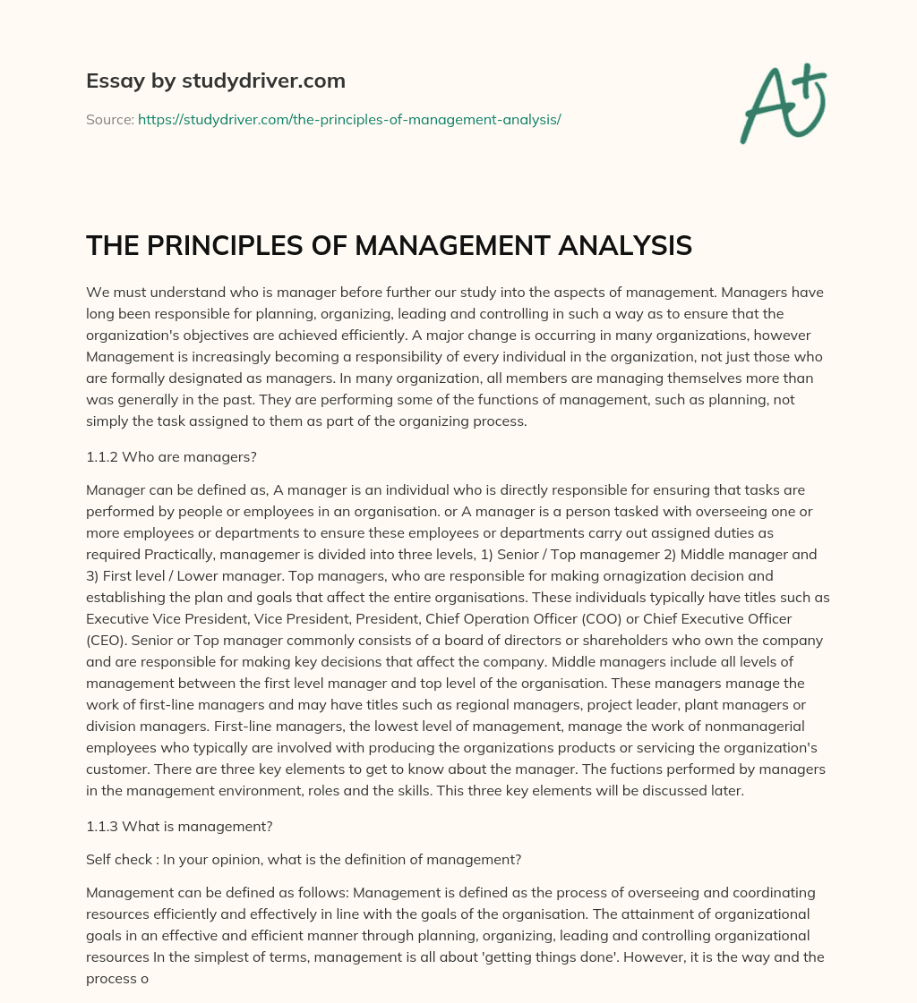 THE PRINCIPLES of MANAGEMENT ANALYSIS essay