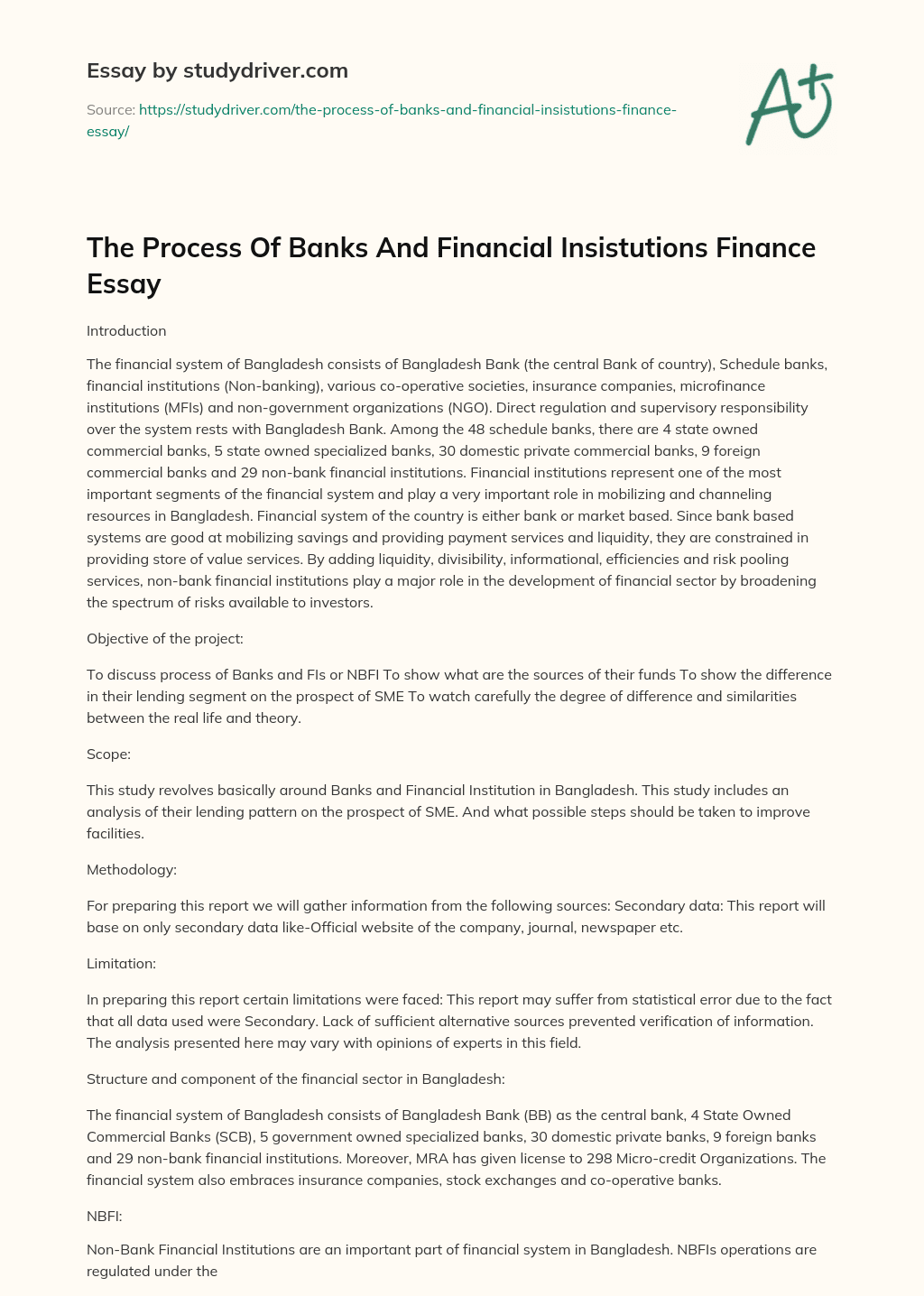 The Process of Banks and Financial Insistutions Finance Essay essay