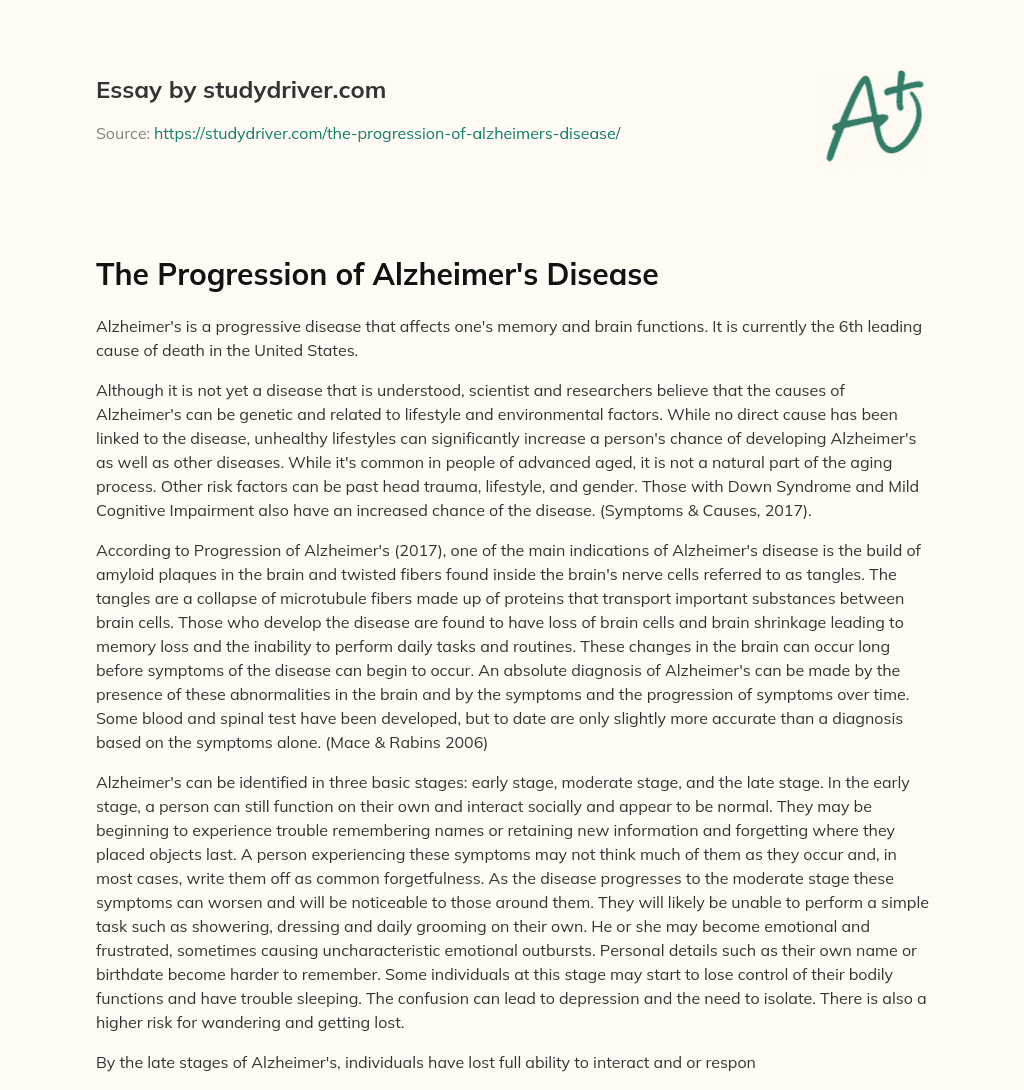 The Progression of Alzheimer’s Disease essay