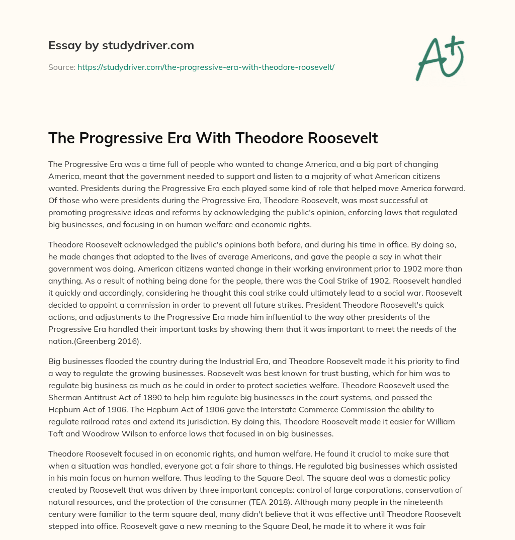 The Progressive Era with Theodore Roosevelt essay