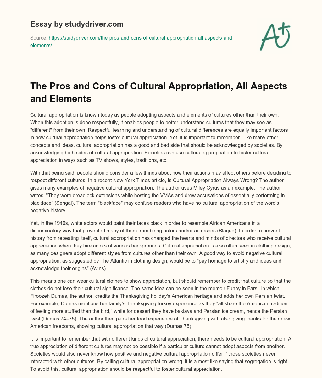 The Pros and Cons of Cultural Appropriation, all Aspects and Elements essay