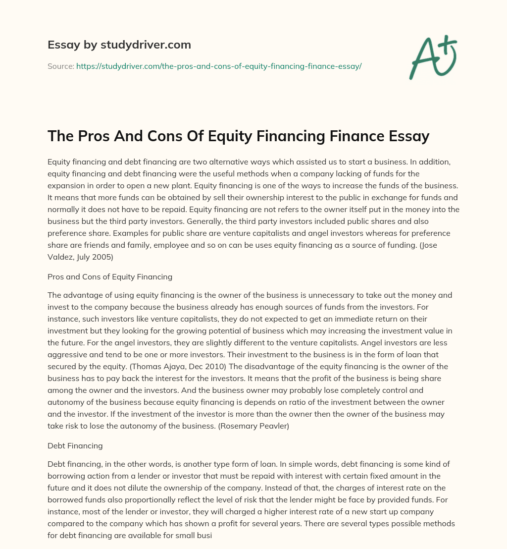 The Pros and Cons of Equity Financing Finance Essay essay