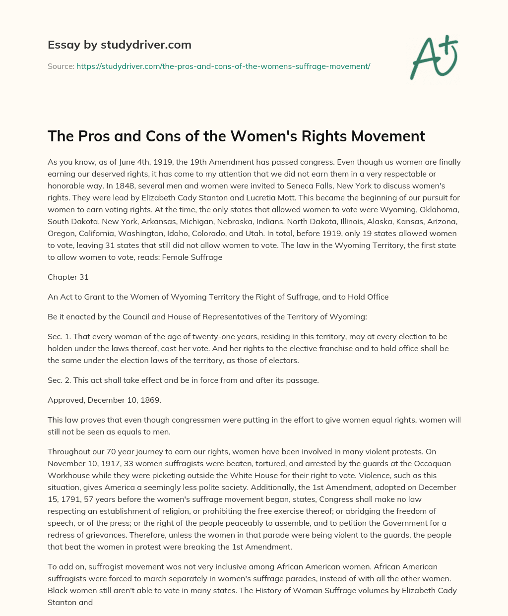 The Pros and Cons of the Women’s Rights Movement essay