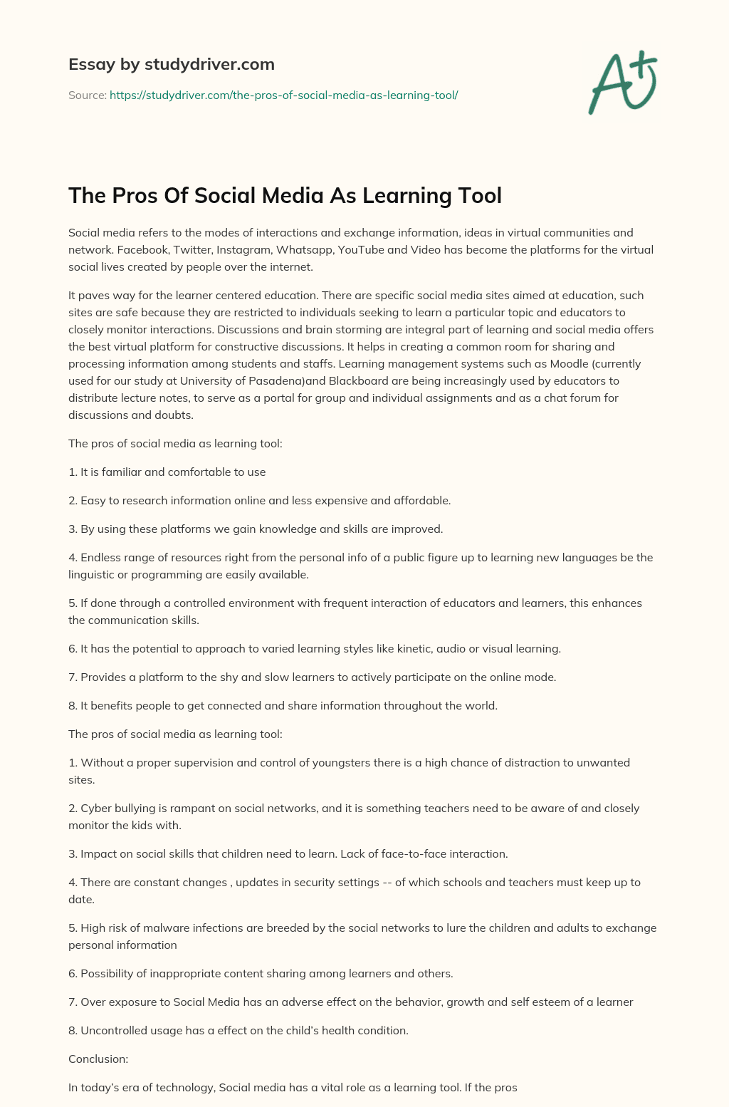 The Pros of Social Media as Learning Tool essay