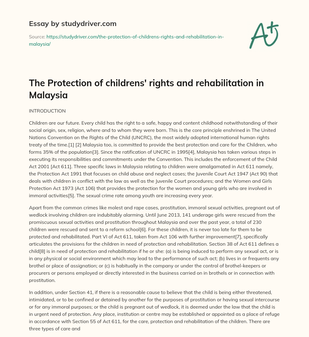 The Protection of Childrens’ Rights and Rehabilitation in Malaysia essay