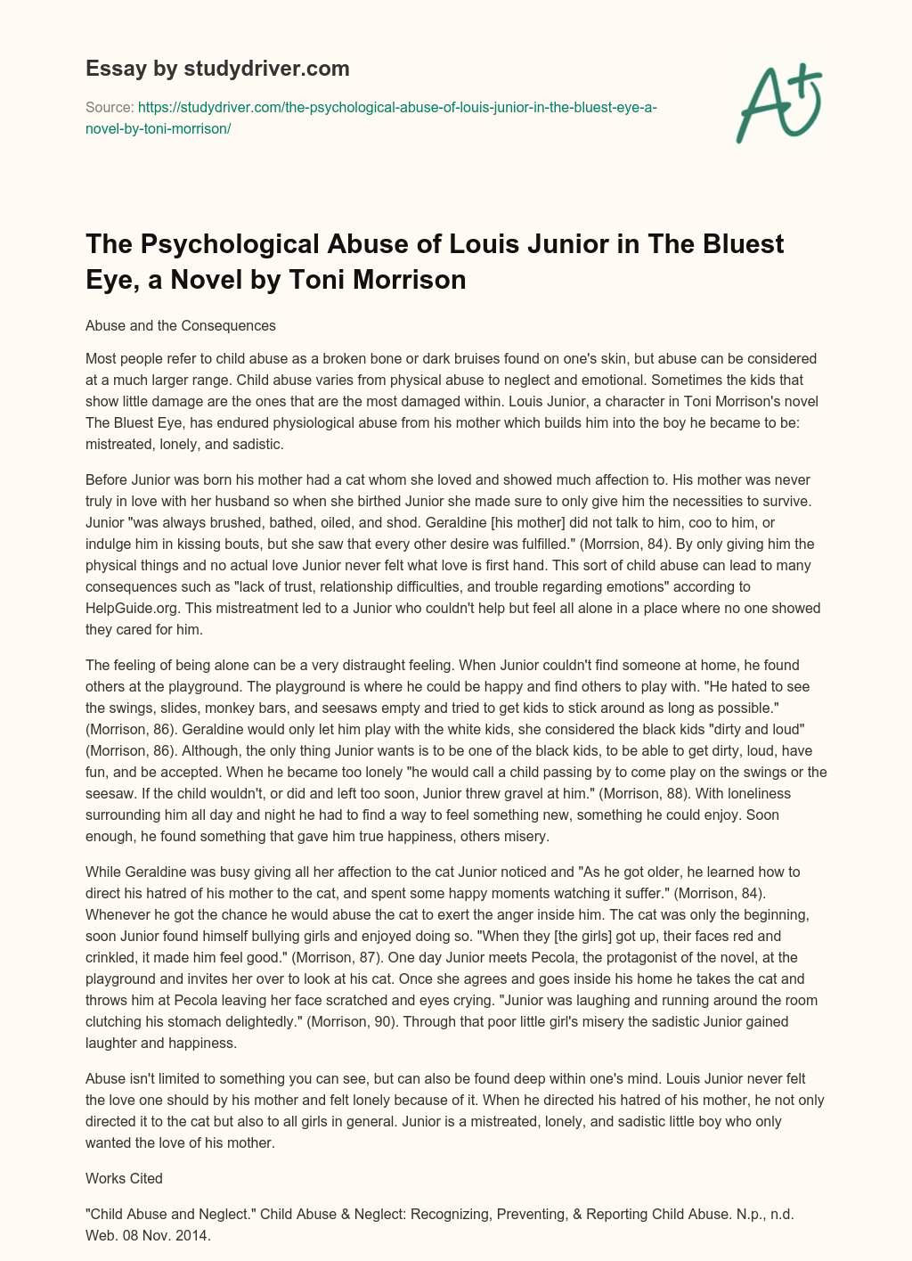 The Psychological Abuse of Louis Junior in the Bluest Eye, a Novel by Toni Morrison essay