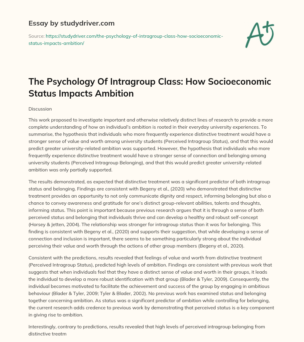 The Psychology of Intragroup Class: how Socioeconomic Status Impacts Ambition essay