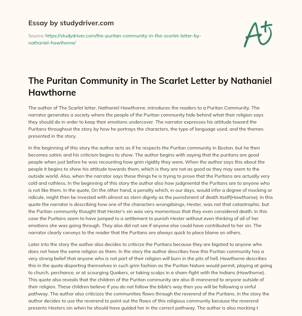 The Puritan Community in the Scarlet Letter by Nathaniel Hawthorne essay