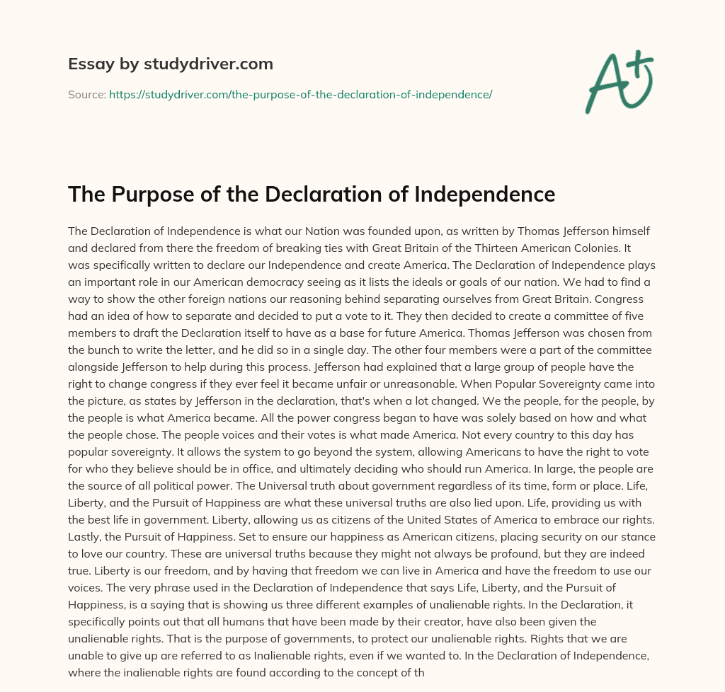 The Purpose of the Declaration of Independence essay