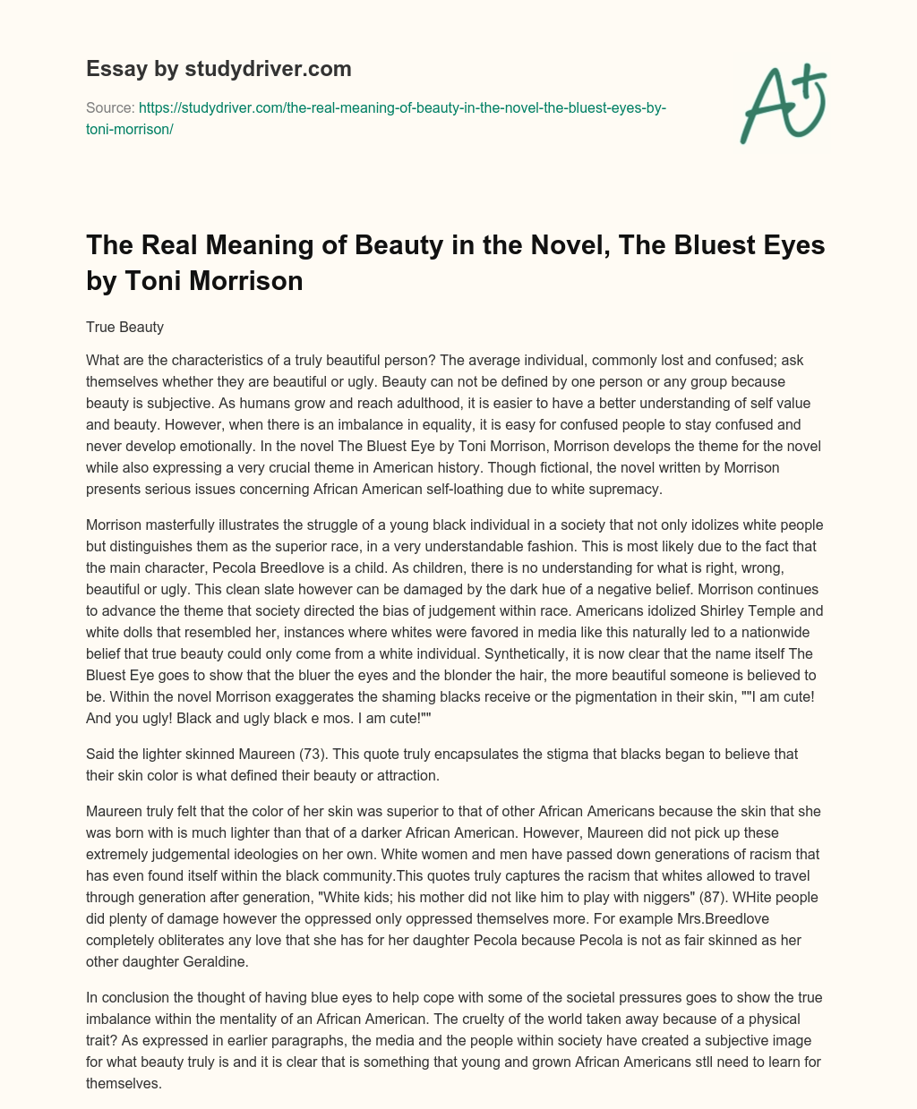 The Real Meaning of Beauty in the Novel, the Bluest Eyes by Toni Morrison essay