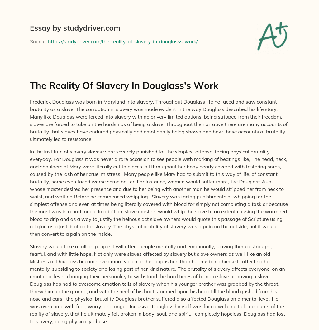 The Reality of Slavery in Douglass’s Work essay