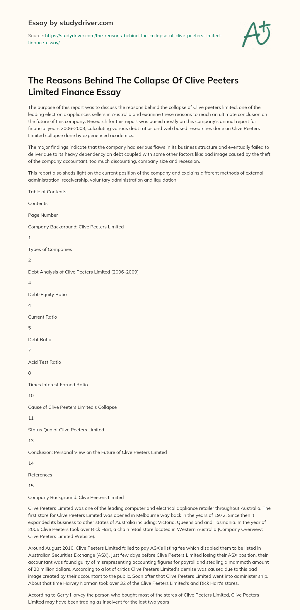 The Reasons Behind the Collapse of Clive Peeters Limited Finance Essay essay