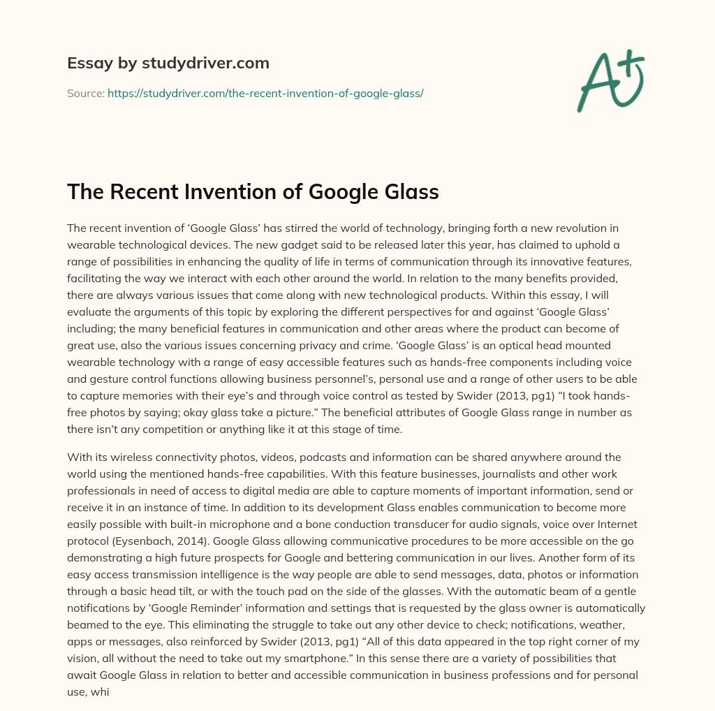 The Recent Invention of Google Glass essay