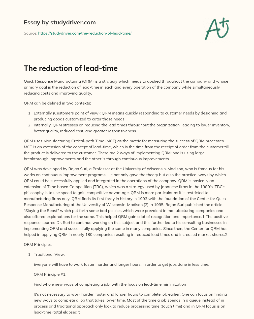 The Reduction of Lead-time essay