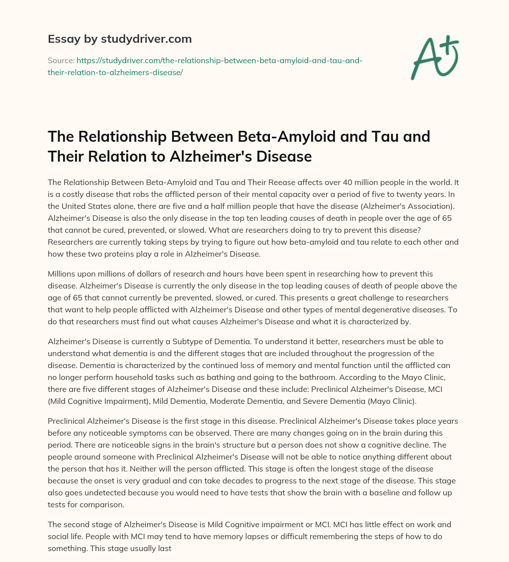 The Relationship between Beta-Amyloid and Tau and their Relation to Alzheimer’s Disease essay
