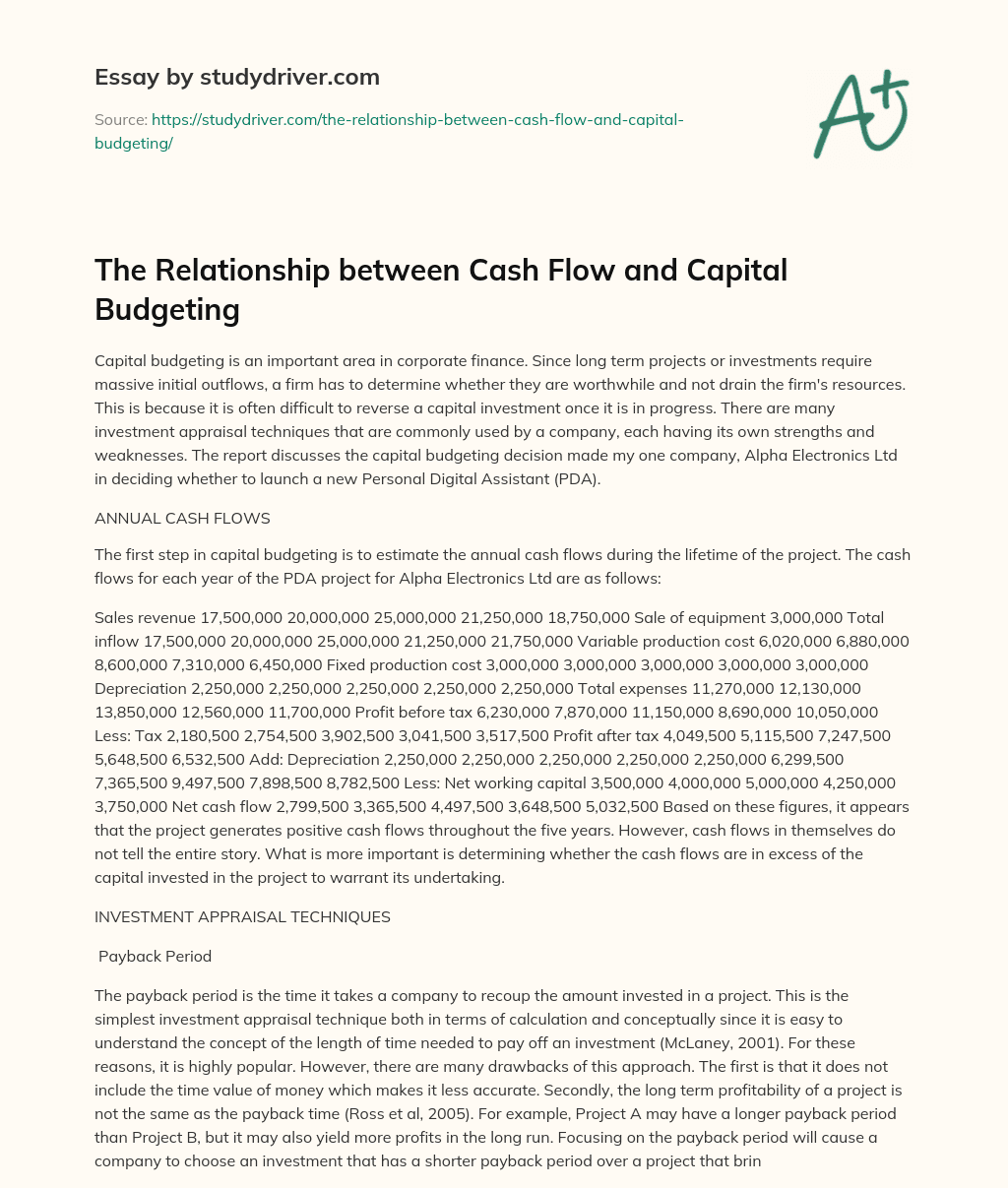 The Relationship between Cash Flow and Capital Budgeting essay